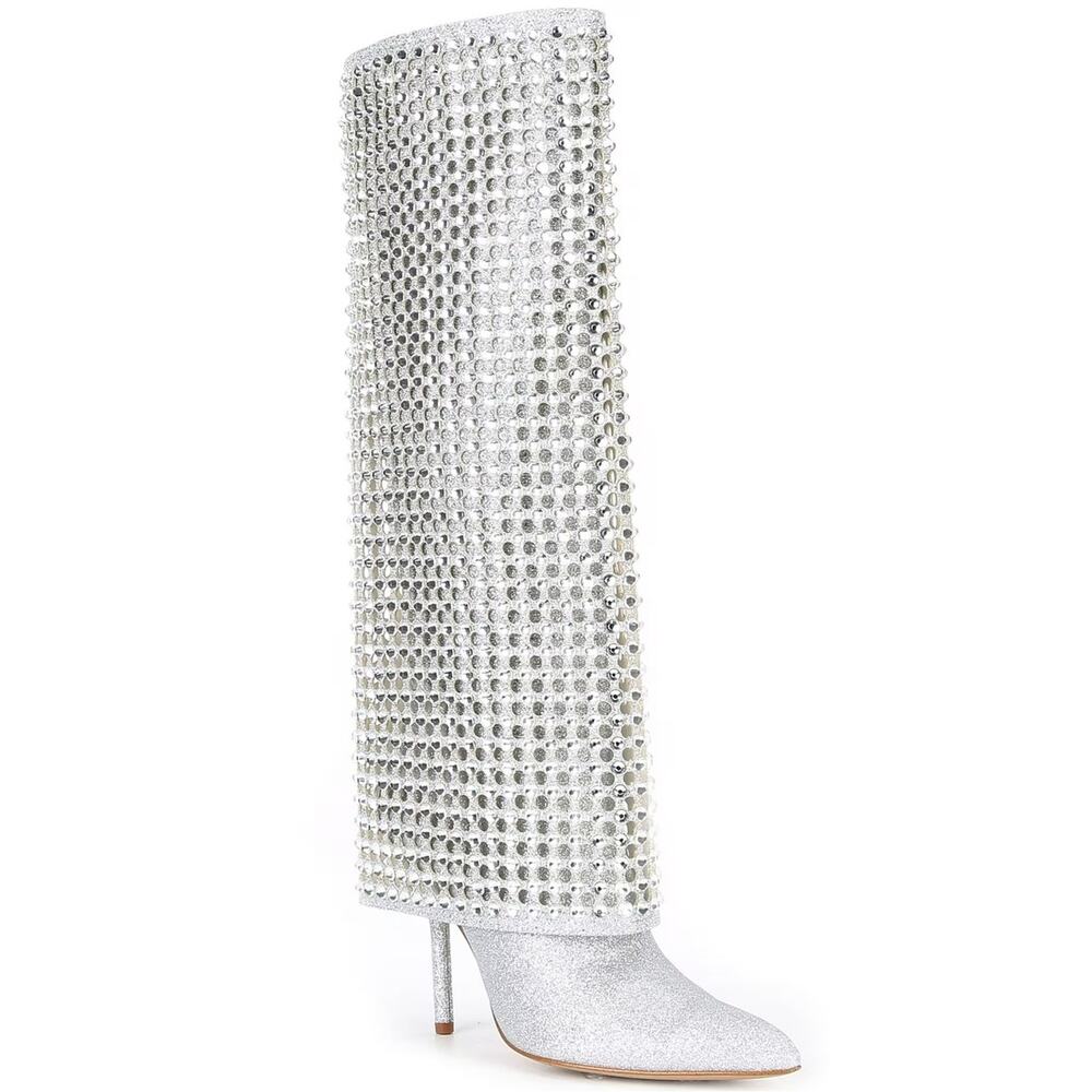 Gianni Bini Lowry Rhinestone Foldover Tall Boots Silver Glitter Zipper Size 7 - Picture 3 of 12